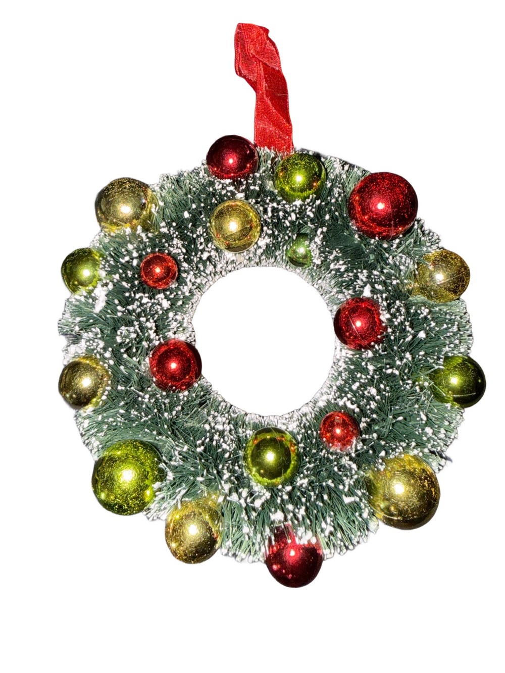 VTG Flocked Snow Covered Bottlebrush Wreath /c Miniature Ball Ornaments-6.5”